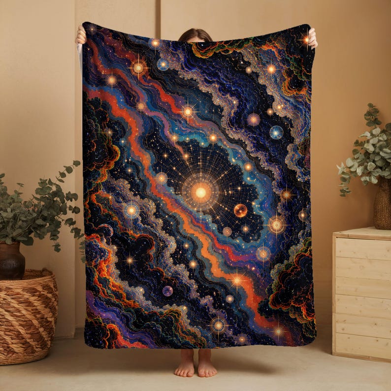 May include: A large, rectangular blanket featuring a vibrant, abstract design reminiscent of a nebula or galaxy. The design incorporates swirling patterns in shades of blue, orange, and gold, with numerous star-like accents. The blanket is held up by a person.