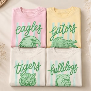 PNG personalizado com o espírito da escola, design de flâmula personalizada com mascote, gráfico com letras listradas, camiseta personalizada para demonstrar o espírito do time, camisetas legais para o verão.