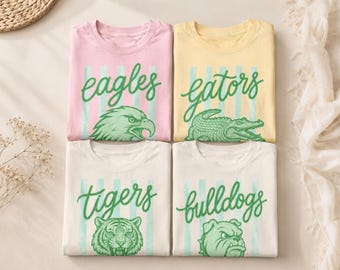 Individuell gestaltete Schullogos (PNG), personalisierte Maskottchen-Wimpel, Grafik mit gestreiften Buchstaben, individuelle Team-Shirts, coole Sommer-Shirts mit Schullogo