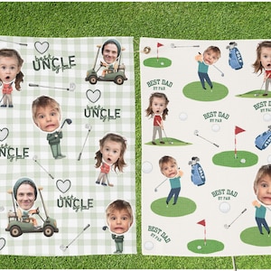 May include: Two golf towels with personalized faces and golf-themed designs. One towel features a green and white checkered pattern with the text "BEST UNCLE by PAR" and golf-related graphics. The other towel has a golf course design with the text "BEST DAD by PAR".