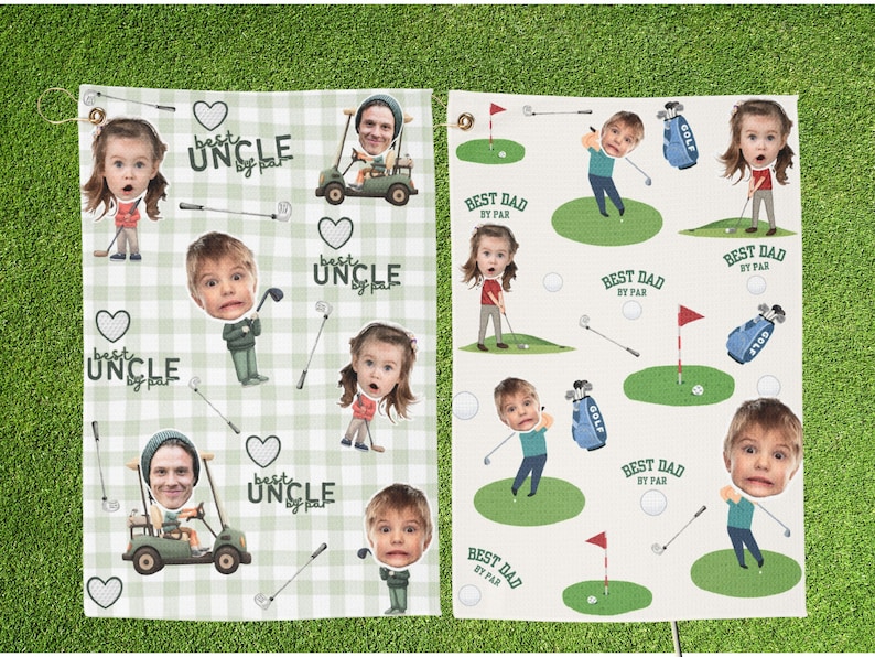 May include: Two golf towels with personalized faces and golf-themed designs. One towel features a green and white checkered pattern with the text "BEST UNCLE by PAR" and golf-related graphics. The other towel has a golf course design with the text "BEST DAD by PAR".