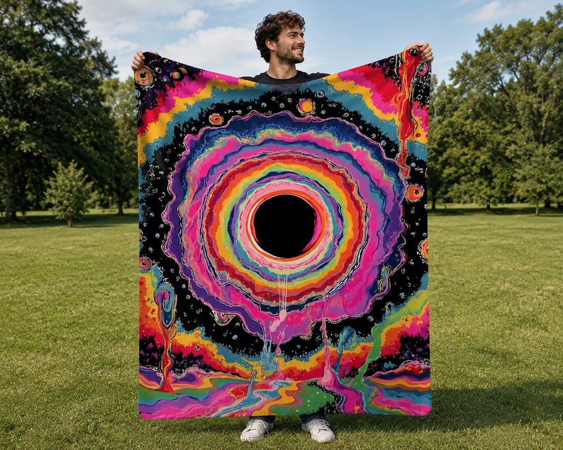 Puede incluir: Una manta rectangular con un dise&ntilde;o psicod&eacute;lico vibrante que presenta un gran c&iacute;rculo negro central rodeado de anillos conc&eacute;ntricos de colores brillantes del arco&iacute;ris, incluyendo rosa, naranja, amarillo y azul, sobre un fondo oscuro.