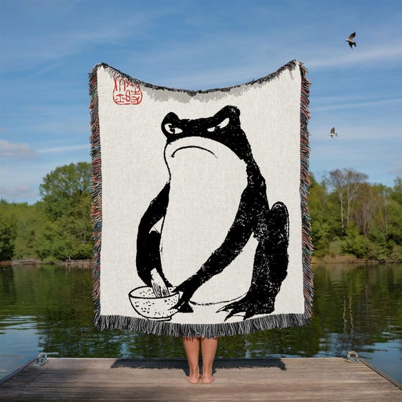 Matsumoto Shoji Frog Blanket, Japanese Frog Toad Throw, Retro Water Demon Folklore, Vintage Shirikodama Art, Grumpy Frog Fantasy Tapestry