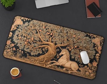 Tappetino da scrivania con unicorno in arazzo vintage / Sottomano con arte botanica medievale / Elegante decorazione estetica per ufficio