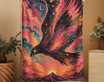 Psychedelic Raven Throw Blanket, Cosmic Gothic Bird Throw, Celestial Hippie Decor, Trippy Boho Rave Art Throw