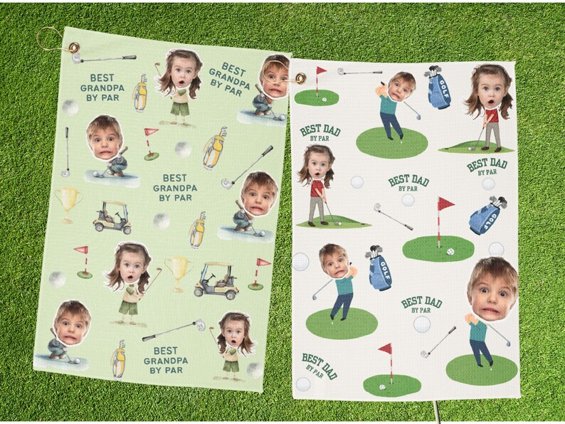 May include: Two golf towels with a repeating pattern of a child's face, golf equipment, and the phrases "Best Grandpa By Par" and "Best Dad By Par". One towel is light green, the other is off-white.