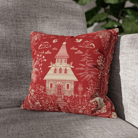 Chinoiserie Red Throw Pillow, Vintage Floral Cushion Cover, Architectural Art Pillow, Elegant Living Room Decor, Luxury Accent Cushion