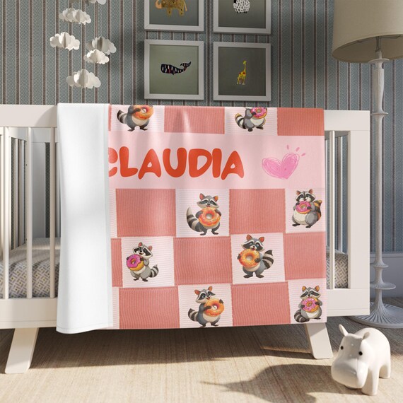 Raccoon Donut Blanket – Cute Checkered Animal Throw, Cozy Fleece Bed or Sofa Decor | Custom Name Blanket, Personalized Gift Blanket