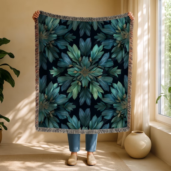 Dark Botanical Throw Blanket • Elegant Floral Mandala Tapestry • Cozy Woven Decor • Teal Green Home Accent • Stylish Nature-Inspired Gift