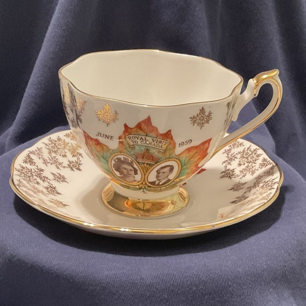 Queen Anne Bone China Teacup and Saucer commemorating Queen Elizabeth's visit to Canada 1959