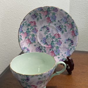 Rare.  Shelley Bone China Teacup and Saucer in Pink Summer Glory Pattern