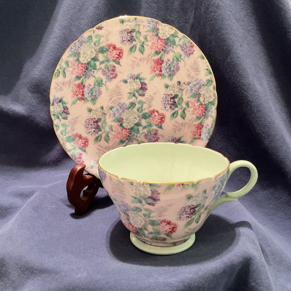 Rare.  Shelley Bone China Teacup and Saucer in Pink Summer Glory Pattern