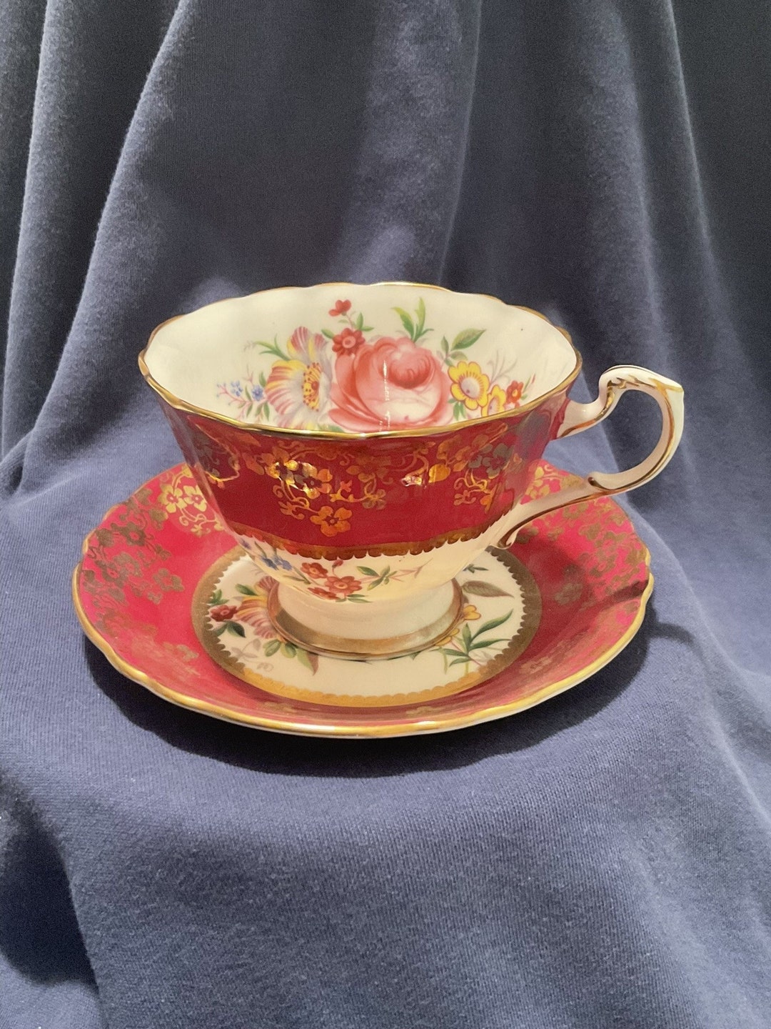 Paragon Bone China Teacup and Saucer in Rich Cranberry Red Etsy