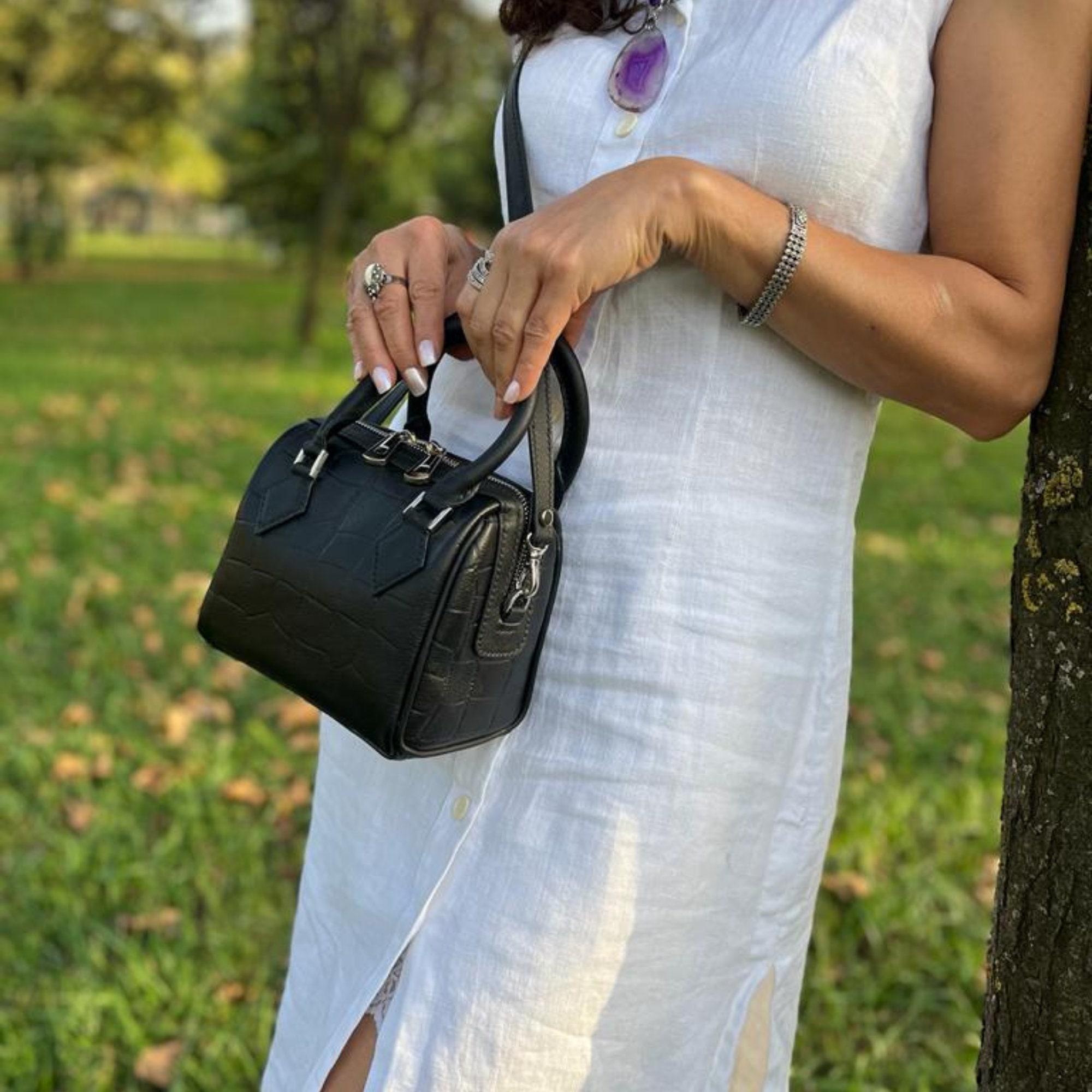Handmade Black Leather Mini Boston Bag Top Handle Crossbody