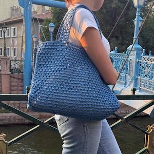 Blue Crochet Raffia Market Tote: Handmade Eco Beach Bag
