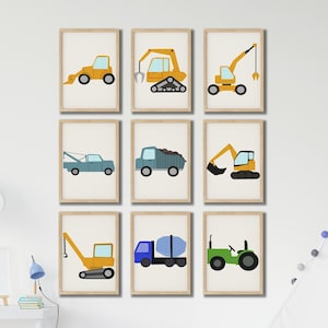 9 Construction Truck Wall Art Set, Construction Nursery Decor, Truck Vehicles Posters, transportation truck art Construction Decor Boys Room