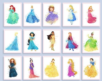 15 Princess Print Set, Princess Wall Art, Girl Room Decor, Watercolor Princess Art, Princess Theme, Fairy Tale Art Princesses Art Collection