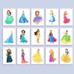 15 Princess Print Set, Princess Wall Art, Girl Room Decor, Watercolor Princess Art, Princess Theme, Fairy Tale Art Princesses Art Collection