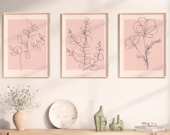 Set di 3 stampe da parete rosa, set di stampe da parete botaniche astratte, decorazioni da parete rosa, stampe da parete moderne rosa, stampe da parete astratte rosa, stampe da parete floreali