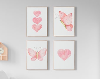 Butterfly Wall Art, Pink butterfly print, Girls Bedroom Decor, Butterfly Art Print Set, Girl Nursery Printable Wall Art, Kids Room Wall Art