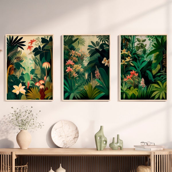 Henri Rousseau Floral Print Art Set van 3 bloemenposters, bloemenmuurkunst Wild, bloemenmuurkunst boho, bloemenmuurkunst abstract, bloemsierkunst