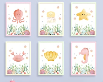 6 Under the Sea Nursery Prints Set, Ocean Animal Prints, Nautical Wall Art, Nautical Ocean Animal Posters, Sea Animal Art, Sea Nursery Decor