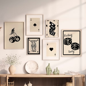 Conjunto de arte de pared retro negro de 6, póster Lucky You, póster de tarjeta Black Ace, arte de pared de tarjetas retro, conjunto de impresión de arte retro, impresión digital de arte retro