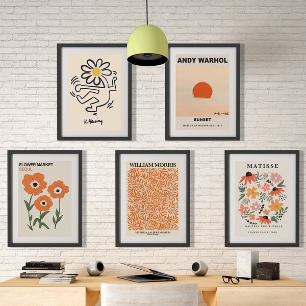 Gallery Wall Set Poster,  Eclectic Gallery Wall Art Set of 5, Flower Market Print, Andy Warhol Print, William Morris Print, Matisse Print