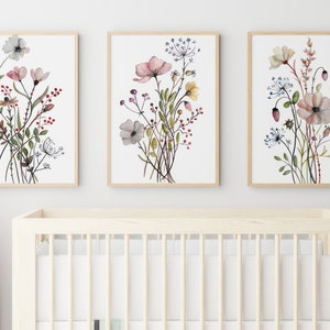 3 Wildflower Nursery Decor Prints, Boho Nursery Wall Art, Girl Nursery Decor Prints, Floral Nursery Prints, Floral Wall Decor Flower Nursery