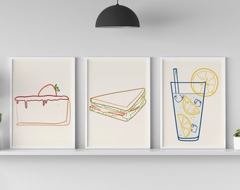 Juego de 3 impresiones de arte de pared para cocina, arte imprimible para cocina, arte de garabatos para cocina, arte de comedor para cocina, decoración artística para cocina, impresión artística retro para cocina.