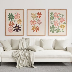 Boho Abstract Flowers Print Set of 3, Terracotta prints, Flower Market Poster, Boho Daisy Wall Art Boho Print Boho Floral Wall Art Printable