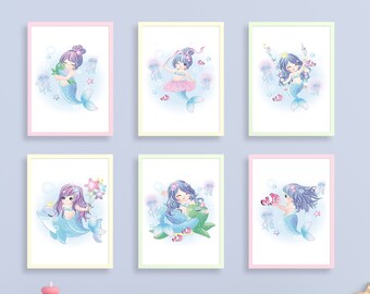 Mermaid Prints Set of 6 Mermaid Decor For Girls Room Mermaid Baby Decor Mermaid Decor Kids Mermaid Wall Art Print Mermaid Wall Art Nursery