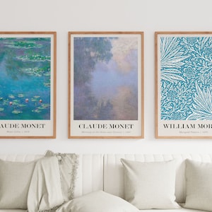 Blue Set Of 3 Prints , Blue Print Set of 3, Blue Gallery Wall Set Of 3 Prints, Blue Wall Art Sky Blue Prints Set Claude Monet William Morris