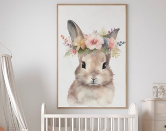 Bunny Flower Artwork Print, Bunny Print Nursery, Bunny Nursery Art, Bunny Nursery Decor, Bunny Face Print, Girls Nursery Room Print Decor
