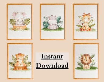 5 Jungle Animal Nursery Prints Jungle Animal Wall Art Jungle Animals Print Jungle Animals Art Jungle Animal Poster Safari Nursery Wall Print