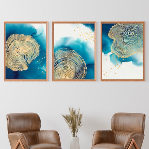 3 Blue Tree Ring Prints Set, Tree Rings Wall Art, Tree Ring Art Print, Tree Ring Art, Tree Ring Art Set, Nordic Prints, Tree Ring Prints