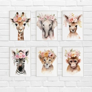 6 arte floral de la pared del animal del bebé, vivero de los estampados de animales del bebé, conjunto de estampados de animales de la corona de flores, impresiones del vivero de Safari, arte de la pared del animal del bebé