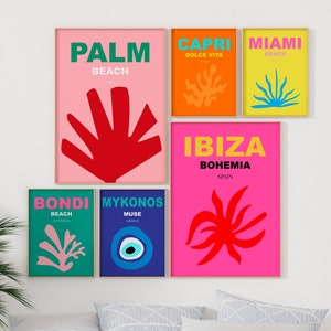 Travel Print Set of 6, Boho Travel Print, Retro Travel Print Colorful Travel Poster Maximalist Wall Art Bondi Miami Capri Palm Mykonos Ibiza