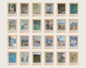 May include: A collection of 24 framed art prints featuring paintings by Claude Monet. The prints are arranged in a grid pattern and showcase a variety of Monet's famous works, including water lilies, landscapes, and portraits.