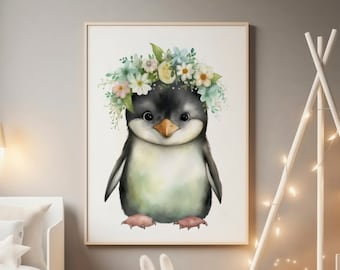 Floral Penguin Nursery Art Print: Whimsical Flower Crown (Digital Download)