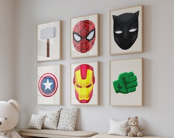 6 Nursery Avengers Superhero Set, Superhero Prints for Boys Room, Avengers Art Print, Superhero Nursery Decor, Avengers Poster Set