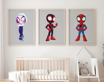 May include: Three framed illustrations of cartoon superheroes. The illustrations are of Spider-Man, Spider-Gwen, and Miles Morales. The illustrations are in a nursery setting with a crib, a small chair, and a potted plant.