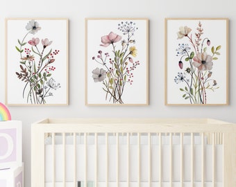 3 Wildblumen Kinderzimmer Dekor Drucke, Boho Kinderzimmer Wandkunst, Mädchen Kinderzimmer Dekor Drucke, Florale Kinderzimmer Drucke, Florale Wanddekor Blumen Kinderzimmer