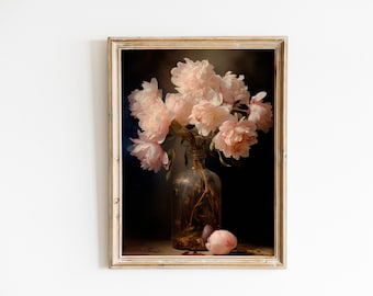 Pintura em vaso de peônia vintage: Moody Floral Art (download digital)