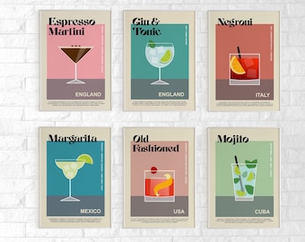 Cocktail Print Set of 6, Bar Wall Art Poster, Cocktail Art Print, Cocktail Bar Print, Cocktail Poster, Retro Cocktail Wall Art, Cocktail Art
