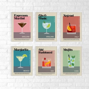 Conjunto de impresión de cócteles de 6, cartel de arte de pared de bar, impresión de arte de cócteles, impresión de bar de cócteles, cartel de cócteles, arte de pared de cócteles retro, arte de cócteles