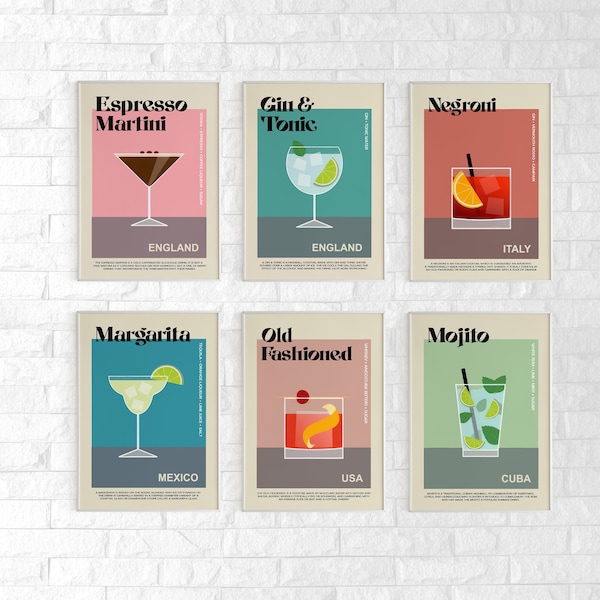 Ensemble d'impression de cocktail de 6, affiche d'art de mur de barre, impression d'art de cocktail, impression de barre de cocktail, affiche de cocktail, art mural rétro de cocktail, art de cocktail
