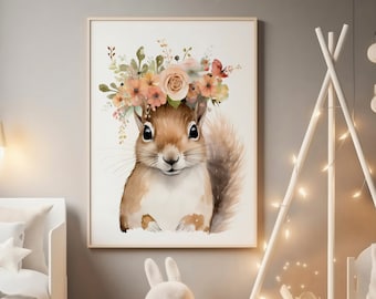 May include: Watercolor print of a squirrel wearing a floral crown. The artwork features soft brown and beige tones, with a focus on the squirrel's detailed fur and expressive eyes. The print is framed and suitable for a nursery or children's room.