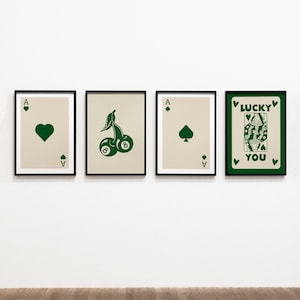 Set di 4 quadri da parete retrò alla moda verde, Poster Lucky You Ace Card Poster Carte retrò Wall Art Set di stampe artistiche retrò Stampa estetica alla moda retrò