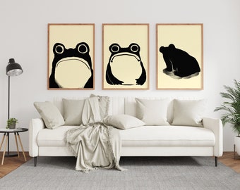 3 Japanse Matsumoto Hoji-kikkerprints set, print Ukiyo-e Frog, vintage kikker poster, Japanse kikker print, Matsumoto Art Print